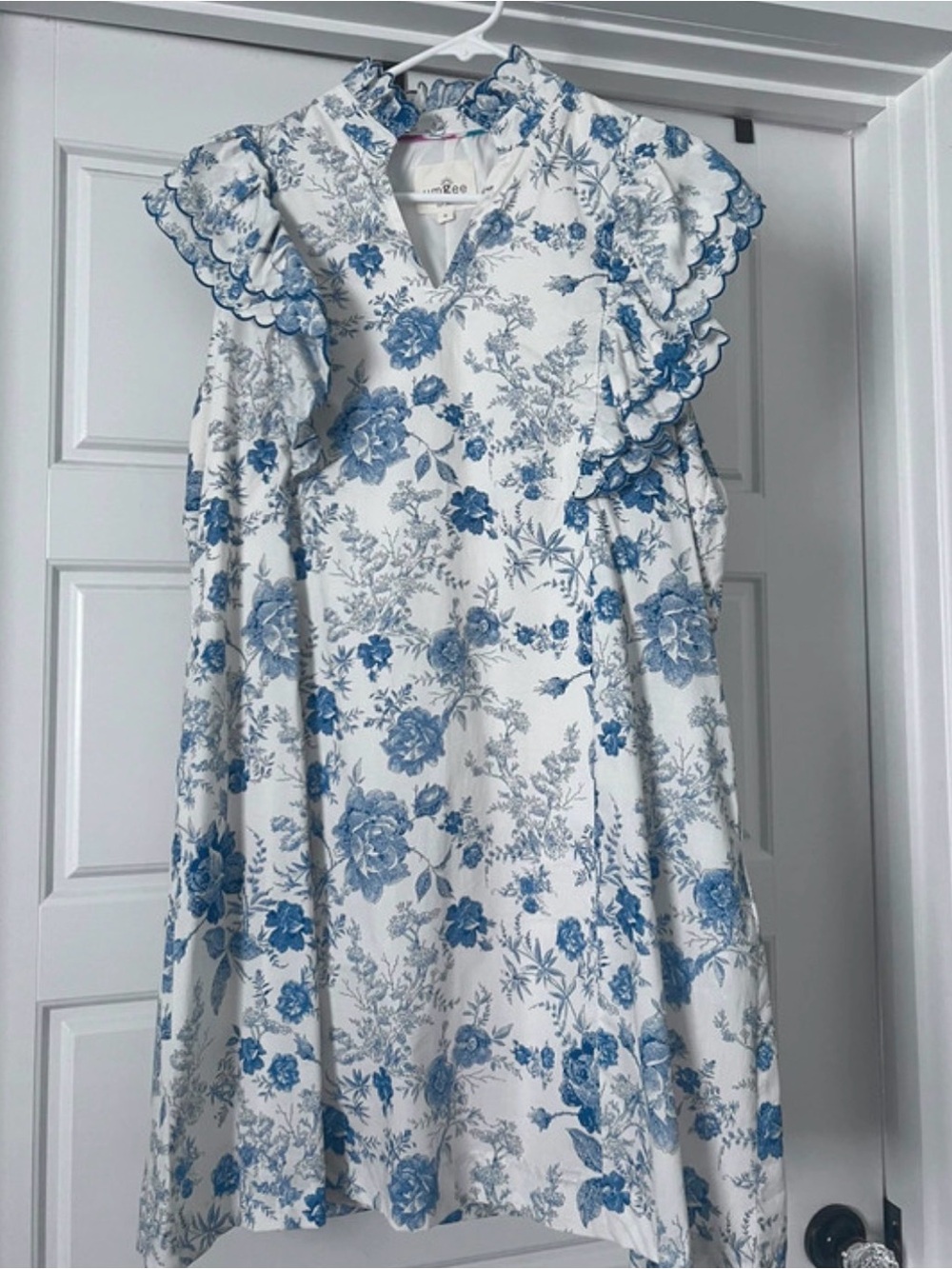 Umgee White Dress with Blue Floral Print and Ruffle Sleeves